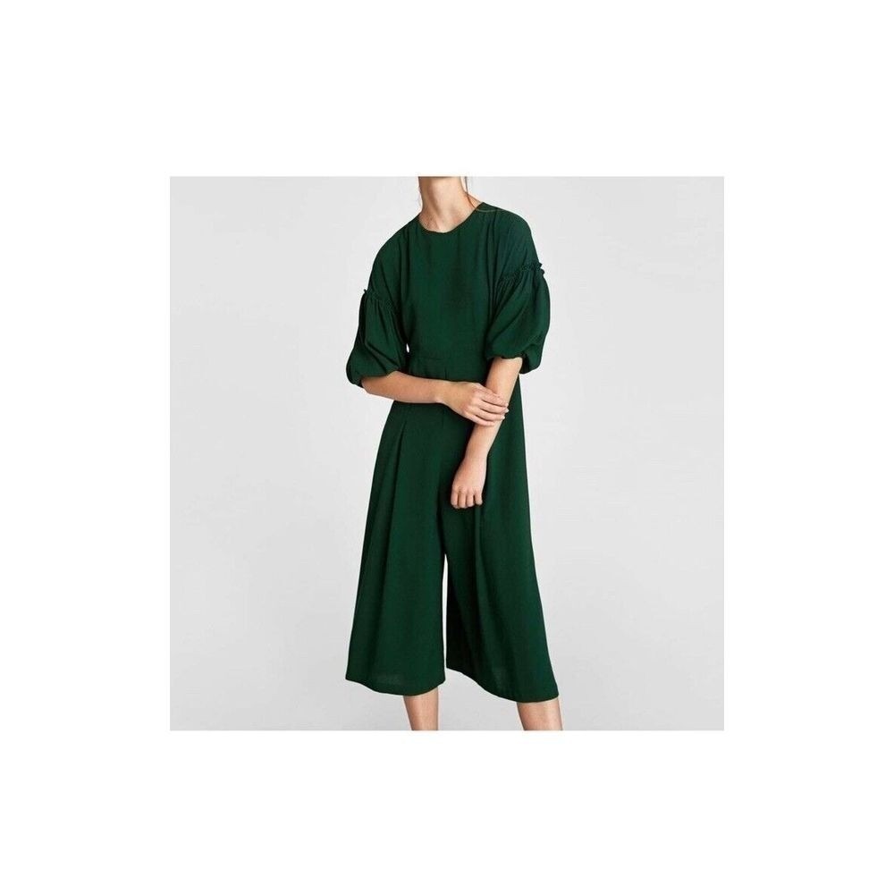 Zara Forest Green Romper Jumper Women's XS Wide Leg Cropped 3/4 Puff Sleeve